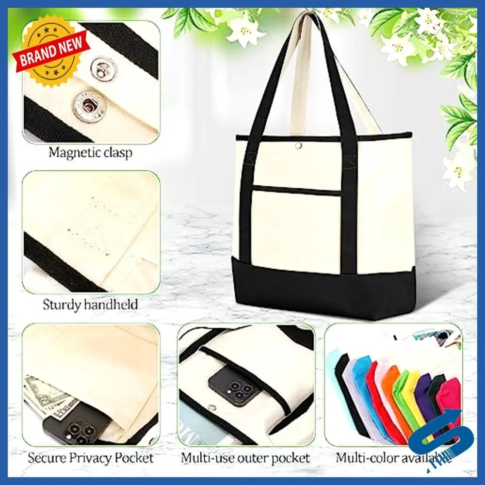 Reusable Canvas Tote Bags Bulk Pack with Pockets Handles Shopping Minimal